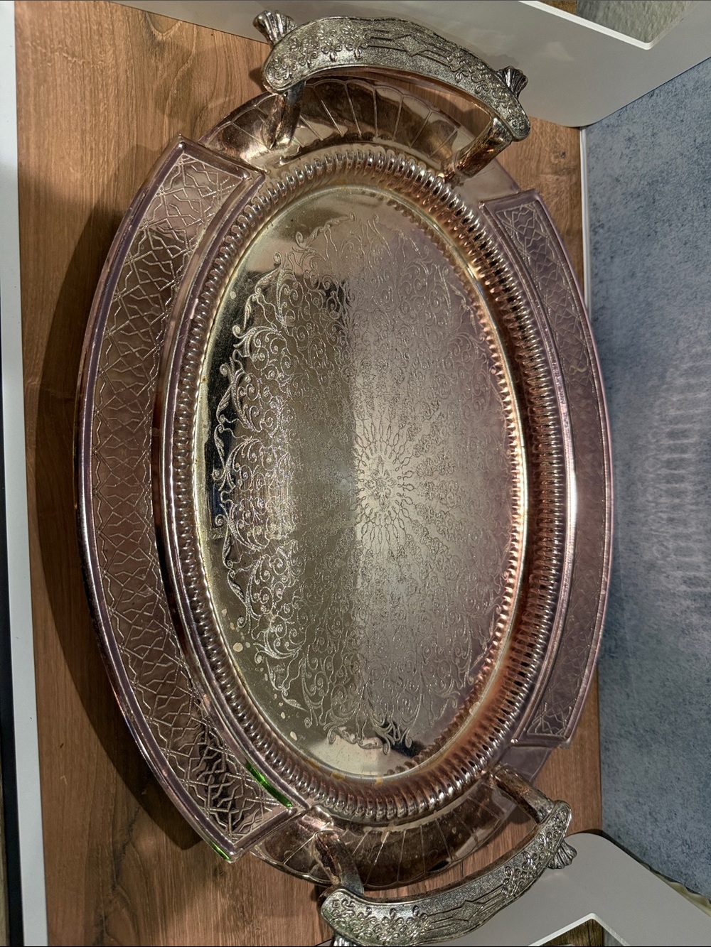 Ornate Decorative Serving Tray - Metallic Rose Gold/cooper looking Finish